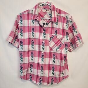 Tributes Vintage Womens Short Sleeve Floral Plaid Button Down Top Size Small
